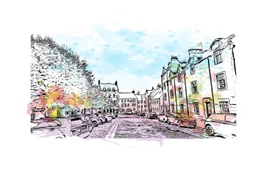 Stirling 'in simgesi olan Print Building Manzarası İngiltere' deki bir şehirdir. Vektörde elle çizilmiş resim ile suluboya sıçraması.