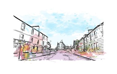 Stirling 'in simgesi olan Print Building Manzarası İngiltere' deki bir şehirdir. Vektörde elle çizilmiş resim ile suluboya sıçraması.