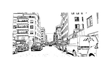 Stockholm manzaralı Print Building, İsveç 'in başkentidir. Vektörde elle çizilmiş çizim çizimi.