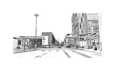 Stockholm manzaralı Print Building, İsveç 'in başkentidir. Vektörde elle çizilmiş çizim çizimi.