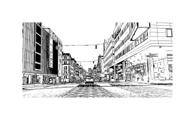 Stockholm manzaralı Print Building, İsveç 'in başkentidir. Vektörde elle çizilmiş çizim çizimi.