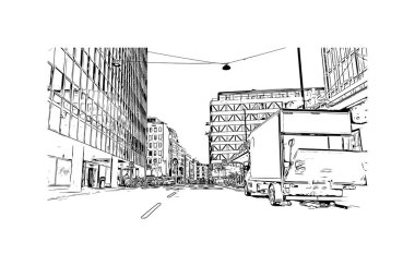 Stockholm manzaralı Print Building, İsveç 'in başkentidir. Vektörde elle çizilmiş çizim çizimi.