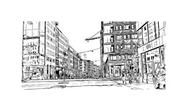 Stockholm manzaralı Print Building, İsveç 'in başkentidir. Vektörde elle çizilmiş çizim çizimi.