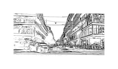 Stockholm manzaralı Print Building, İsveç 'in başkentidir. Vektörde elle çizilmiş çizim çizimi.