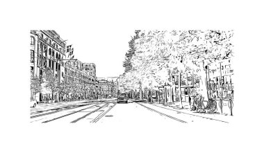 Stockholm manzaralı Print Building, İsveç 'in başkentidir. Vektörde elle çizilmiş çizim çizimi.