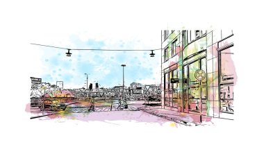 Stockholm manzaralı Print Building, İsveç 'in başkentidir. Vektörde elle çizilmiş resim ile suluboya sıçraması.