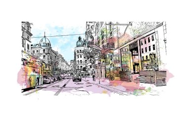 Stockholm manzaralı Print Building, İsveç 'in başkentidir. Vektörde elle çizilmiş resim ile suluboya sıçraması.