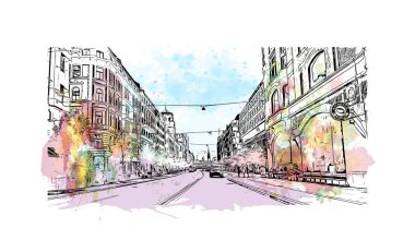 Stockholm manzaralı Print Building, İsveç 'in başkentidir. Vektörde elle çizilmiş resim ile suluboya sıçraması.