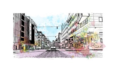 Stockholm manzaralı Print Building, İsveç 'in başkentidir. Vektörde elle çizilmiş resim ile suluboya sıçraması.