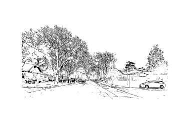 Stockton 'un dönüm noktası olan bina Kaliforniya' da bir şehirdir. Vektörde elle çizilmiş çizim çizimi.