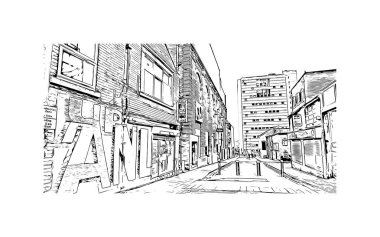 Hanley 'in simgesi olan Print Building View İngiltere' de yer almaktadır. Vektörde elle çizilmiş çizim çizimi.