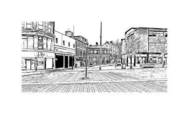 Hanley 'in simgesi olan Print Building View İngiltere' de yer almaktadır. Vektörde elle çizilmiş çizim çizimi.