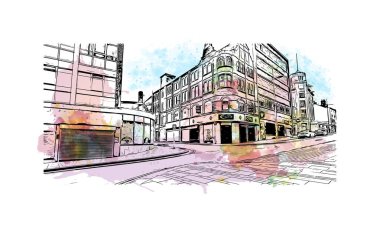 Hanley 'in simgesi olan Print Building View İngiltere' de yer almaktadır. Vektörde elle çizilmiş resim ile suluboya sıçraması.