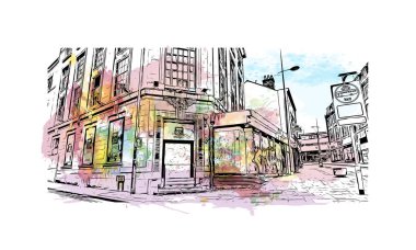 Hanley 'in simgesi olan Print Building View İngiltere' de yer almaktadır. Vektörde elle çizilmiş resim ile suluboya sıçraması.