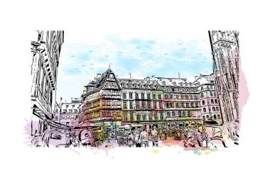 Strasbourg 'un simgesi olan Print Building Manzarası Fransa' nın kentidir. Vektörde elle çizilmiş resim ile suluboya sıçraması.
