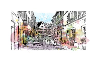 Strasbourg 'un simgesi olan Print Building Manzarası Fransa' nın kentidir. Vektörde elle çizilmiş resim ile suluboya sıçraması.