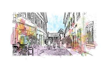 Strasbourg 'un simgesi olan Print Building Manzarası Fransa' nın kentidir. Vektörde elle çizilmiş resim ile suluboya sıçraması.