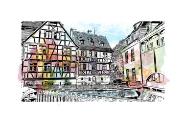 Strasbourg 'un simgesi olan Print Building Manzarası Fransa' nın kentidir. Vektörde elle çizilmiş resim ile suluboya sıçraması.