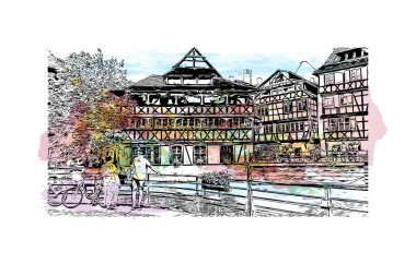 Strasbourg 'un simgesi olan Print Building Manzarası Fransa' nın kentidir. Vektörde elle çizilmiş resim ile suluboya sıçraması.