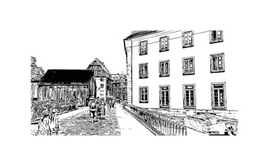 Strasbourg 'un simgesi olan Print Building Manzarası Fransa' nın kentidir. Vektörde elle çizilmiş çizim çizimi.