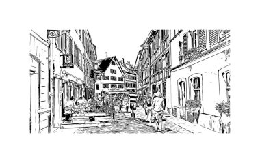 Strasbourg 'un simgesi olan Print Building Manzarası Fransa' nın kentidir. Vektörde elle çizilmiş çizim çizimi.
