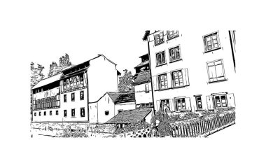 Strasbourg 'un simgesi olan Print Building Manzarası Fransa' nın kentidir. Vektörde elle çizilmiş çizim çizimi.