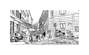 Strasbourg 'un simgesi olan Print Building Manzarası Fransa' nın kentidir. Vektörde elle çizilmiş çizim çizimi.