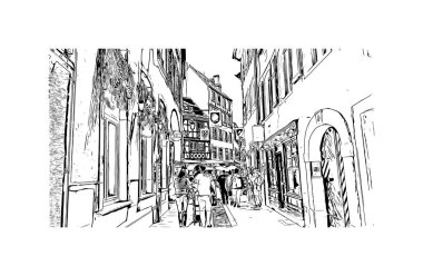 Strasbourg 'un simgesi olan Print Building Manzarası Fransa' nın kentidir. Vektörde elle çizilmiş çizim çizimi.