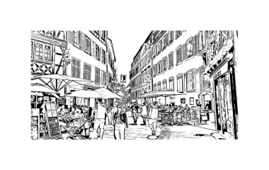 Strasbourg 'un simgesi olan Print Building Manzarası Fransa' nın kentidir. Vektörde elle çizilmiş çizim çizimi.