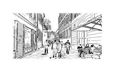 Strasbourg 'un simgesi olan Print Building Manzarası Fransa' nın kentidir. Vektörde elle çizilmiş çizim çizimi.