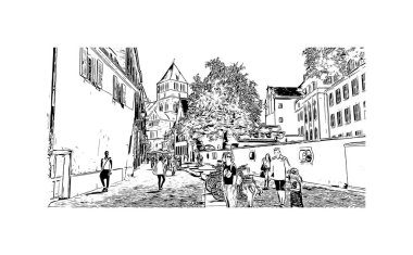 Strasbourg 'un simgesi olan Print Building Manzarası Fransa' nın kentidir. Vektörde elle çizilmiş çizim çizimi.