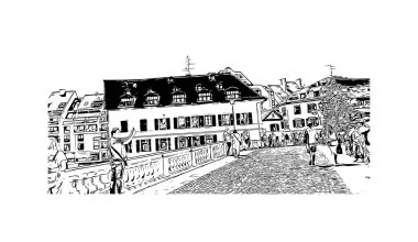 Strasbourg 'un simgesi olan Print Building Manzarası Fransa' nın kentidir. Vektörde elle çizilmiş çizim çizimi.