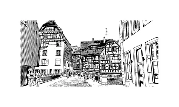 Strasbourg 'un simgesi olan Print Building Manzarası Fransa' nın kentidir. Vektörde elle çizilmiş çizim çizimi.
