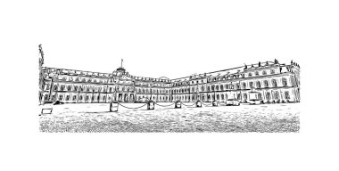 Print Building view with landmark of Stuttgart, Almanya 'nın en büyük şehridir. Vektörde elle çizilmiş çizim çizimi.