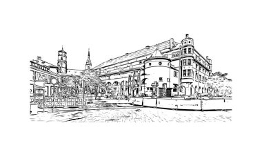 Print Building view with landmark of Stuttgart, Almanya 'nın en büyük şehridir. Vektörde elle çizilmiş çizim çizimi.