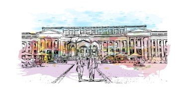 Print Building view with landmark of Stuttgart, Almanya 'nın en büyük şehridir. Vektörde elle çizilmiş resim ile suluboya sıçraması.