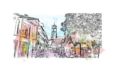 Print Building view with landmark of Stuttgart, Almanya 'nın en büyük şehridir. Vektörde elle çizilmiş resim ile suluboya sıçraması.