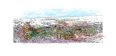 Print Building view with landmark of Stuttgart, Almanya 'nın en büyük şehridir. Vektörde elle çizilmiş resim ile suluboya sıçraması.