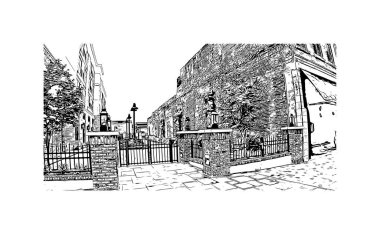 Sumter 'ın simgesi olan Print Building Manzarası Güney Carolina' daki bir şehirdir. Vektörde elle çizilmiş çizim çizimi.