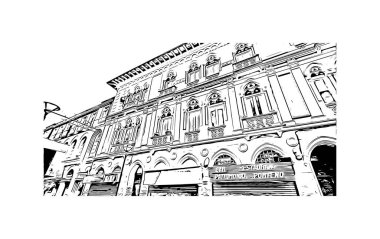 Print Building view with landmark of Valparaiso, ABD 'de bir şehirdir. Vektörde elle çizilmiş çizim çizimi.