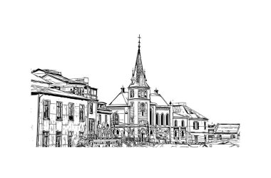 Print Building view with landmark of Valparaiso, ABD 'de bir şehirdir. Vektörde elle çizilmiş çizim çizimi.