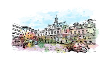 Print Building view with landmark of Valparaiso, ABD 'de bir şehirdir. Vektörde elle çizilmiş resim ile suluboya sıçraması.