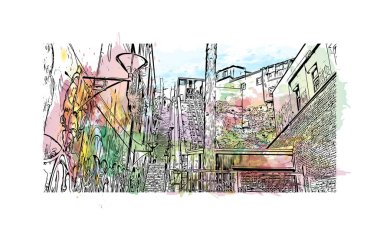 Print Building view with landmark of Valparaiso, ABD 'de bir şehirdir. Vektörde elle çizilmiş resim ile suluboya sıçraması.