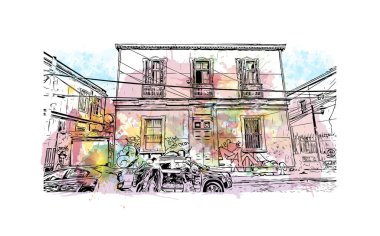 Print Building view with landmark of Valparaiso, ABD 'de bir şehirdir. Vektörde elle çizilmiş resim ile suluboya sıçraması.