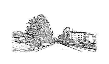 Print Building view with landmark of Vancouver is the city in Western Canada. Vektörde elle çizilmiş çizim çizimi.