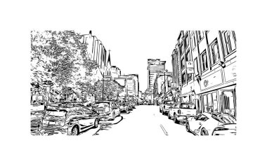 Print Building view with landmark of Vancouver is the city in Western Canada. Vektörde elle çizilmiş çizim çizimi.