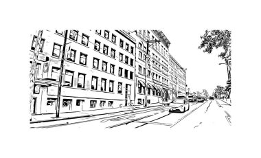 Print Building view with landmark of Vancouver is the city in Western Canada. Vektörde elle çizilmiş çizim çizimi.