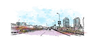 Print Building view with landmark of Vancouver is the city in Western Canada. Vektörde elle çizilmiş resim ile suluboya sıçraması.