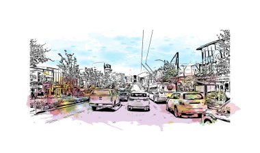 Print Building view with landmark of Vancouver is the city in Western Canada. Vektörde elle çizilmiş resim ile suluboya sıçraması.