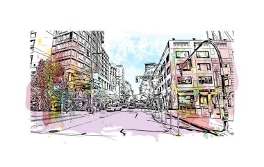 Print Building view with landmark of Vancouver is the city in Western Canada. Vektörde elle çizilmiş resim ile suluboya sıçraması.